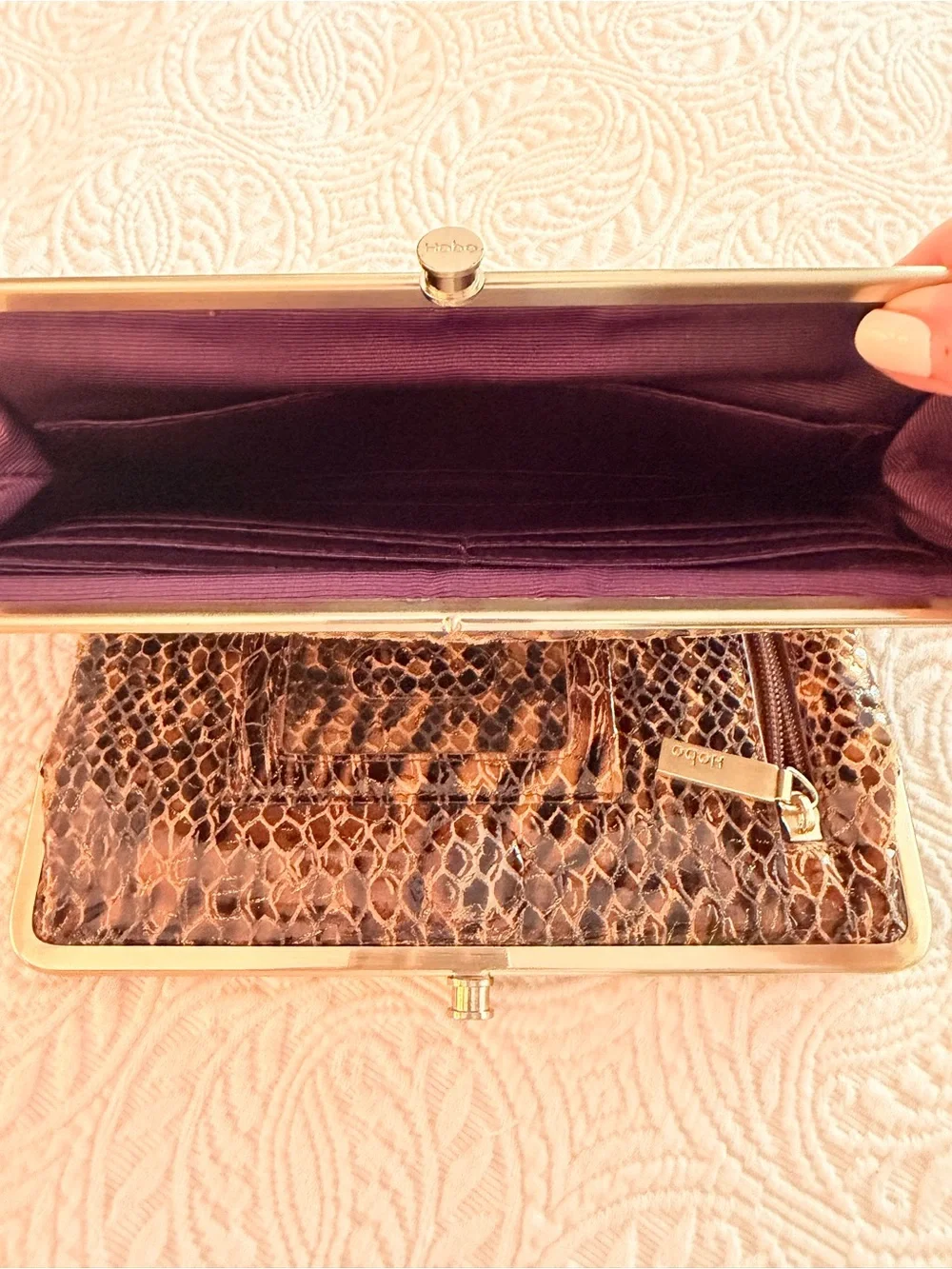 HOBO Animal-Print Snake-Embossed Frame Clutch in Black and Brown